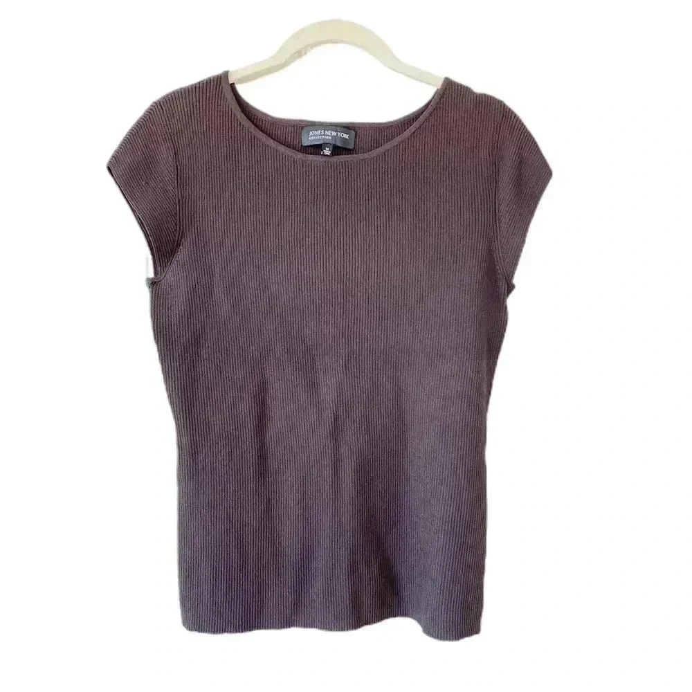 Jones New York Brown Short Sleeve Ribbed Knit Top Medium Careerwear Classic Y2K